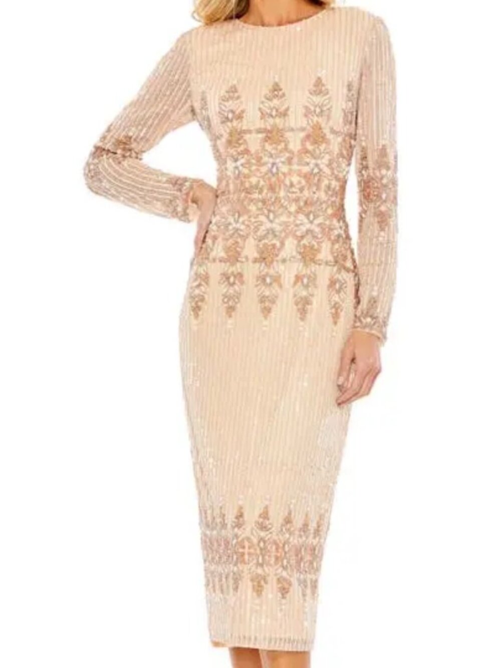 Mac Duggal Peach Embellished Long Sleeve Midi Sheath Dress NWT sz 8